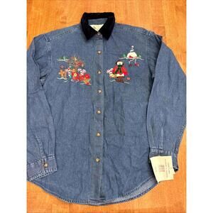 VTG 90s Denim Embroidered Button Up Shirt Sz S Holiday Winter Christmas Teacher